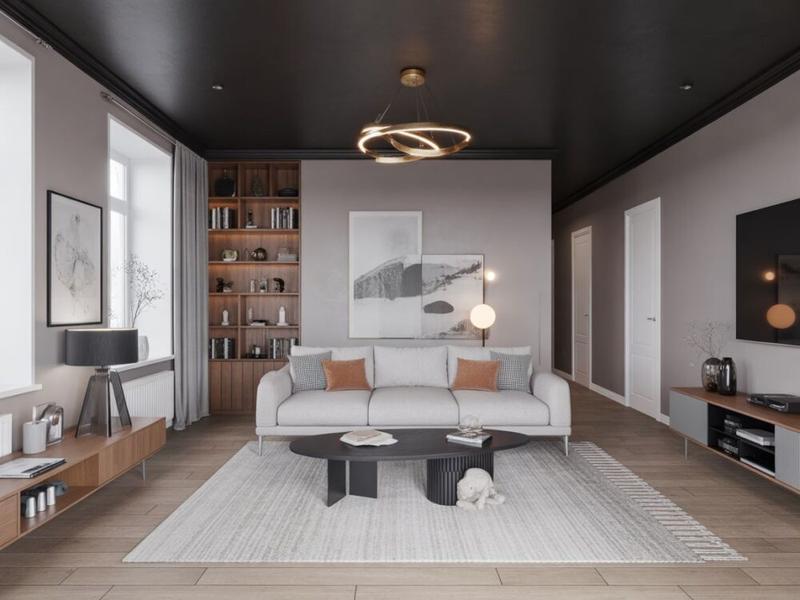 Czarny sufit jako elegancki akcent w odważnej aranżacji przedpokoju